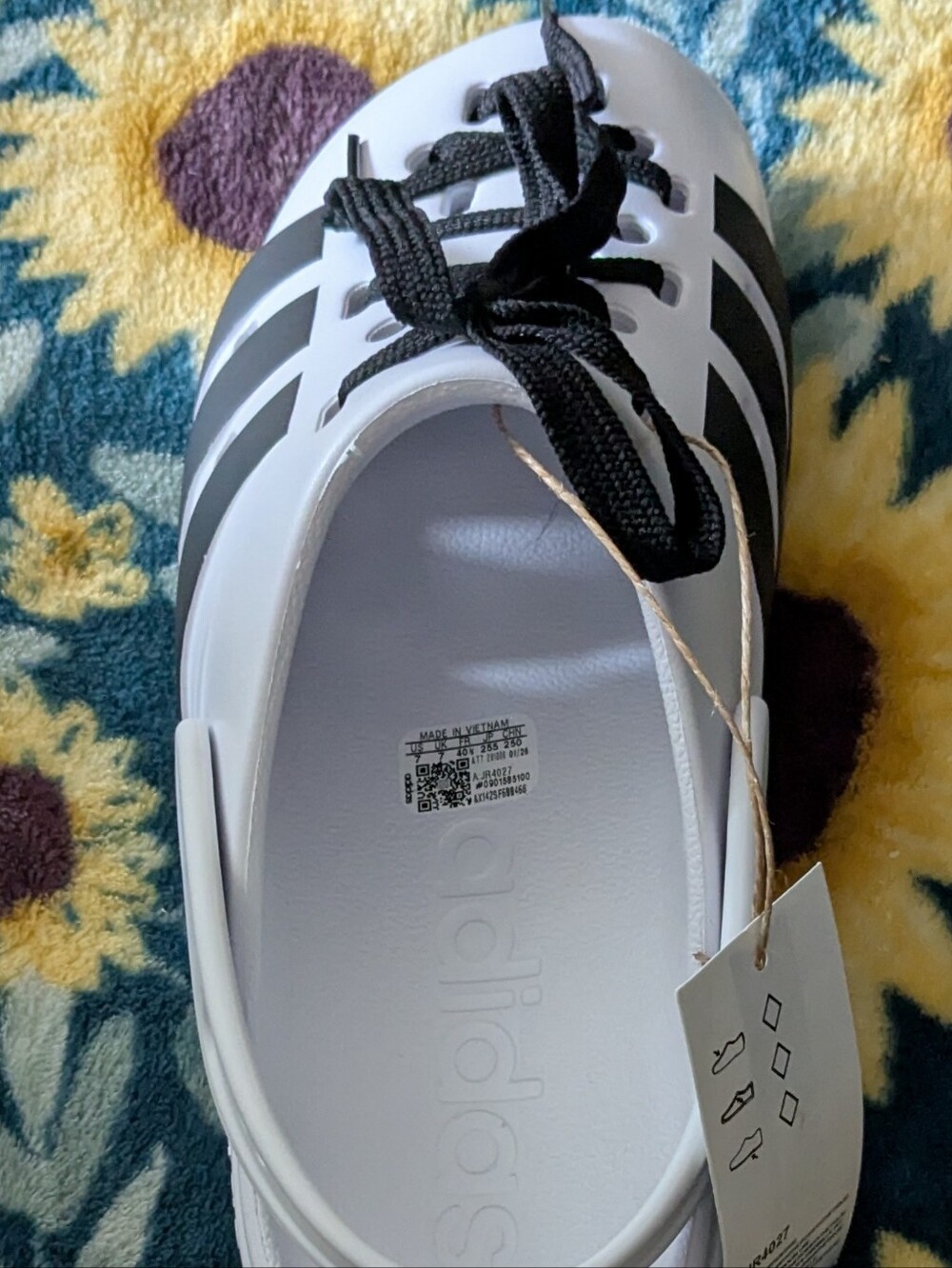 adidas White and Black Adilette Croc Clog with Tie Detail